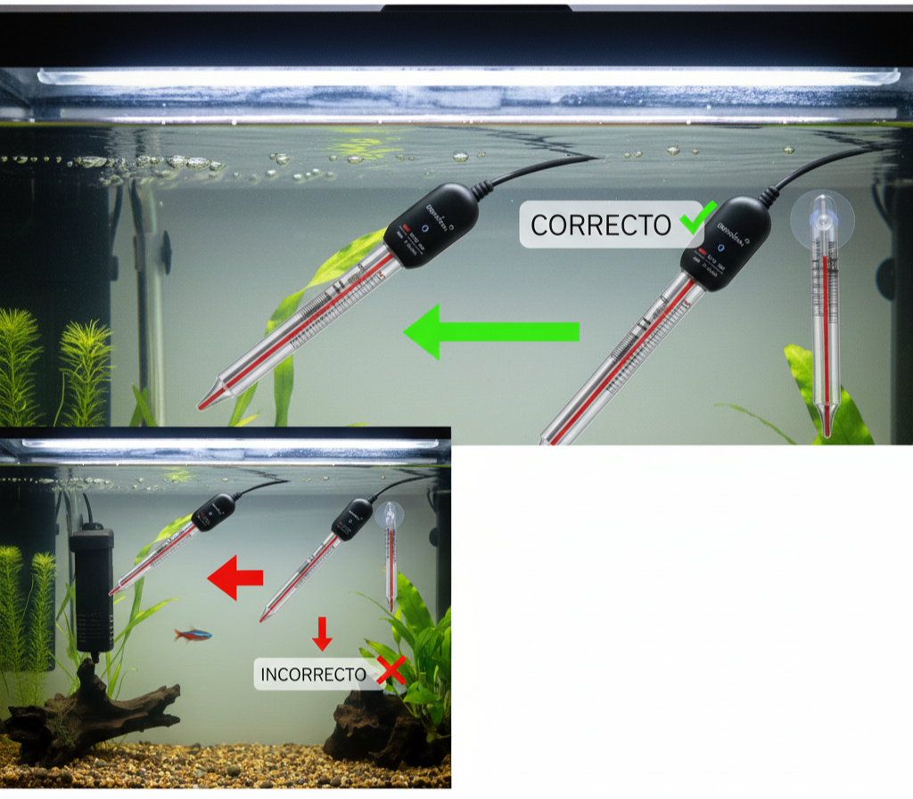 Diagrama de colocación correcta del termómetro en un acuario